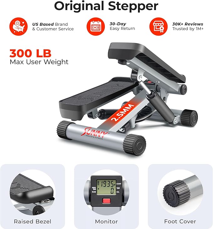 Sunny Health & Fitness Mini Stepper for Exercise at Home, Stair Step Workout Machine with Resistance Band and Over 300lb Weight Capacity, Optional Twist Motion and Free SunnyFit App Connection-Ruum Studio Home
