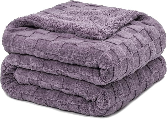 Pawque Super Soft Cozy Throw Blanket Twin Size for Couch Bed, Fluffy Sherpa Fleece Reversible Thick Warm Fuzzy Blanket for All-Season, 3D Checkered Jacquard Decorative Blankets, Purple, 60" x 80"-Ruum Studio Home