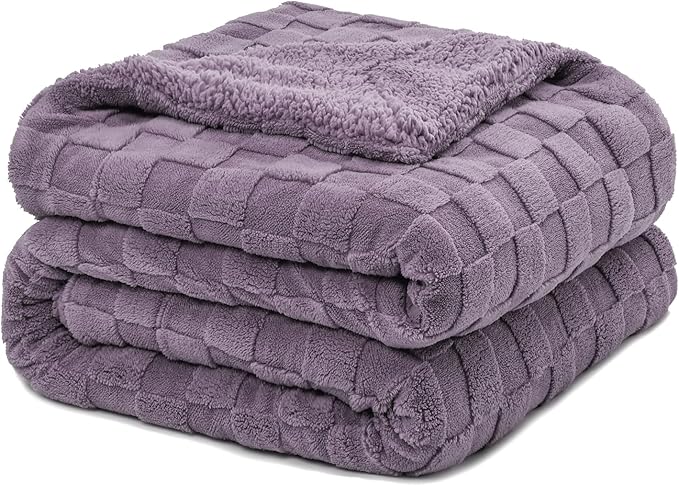 Pawque Super Soft Cozy Throw Blanket for Couch Sofa Bed - Fluffy Sherpa Fleece Reversible Thick Warm Fuzzy Blanket for All-Season, 3D Checkered Jacquard Elegant Decorative Blankets, Purple, 50" x 60"-Ruum Studio Home