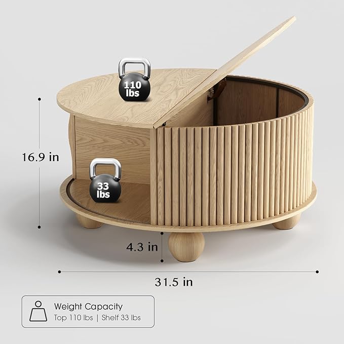Round Coffee Table with Storage,Fluted Lift Up Coffee Table with Sliding Door,31.5" Drum Center Table with Bun Feet for Living Room,Home Small Space,Oak-Ruum Studio Home