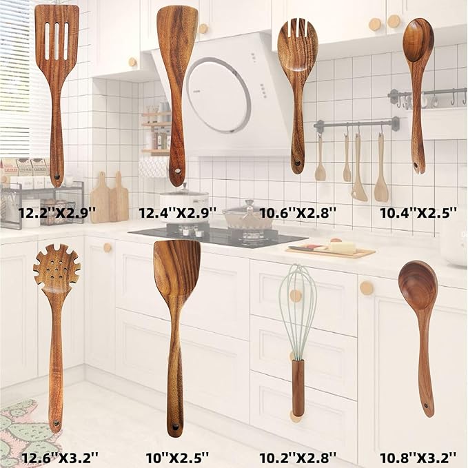 Wooden Kitchen Utensils Set, Teak Wood Cooking Spoons for Non-Stick Pans, 8 Pieces-Ruum Studio Home