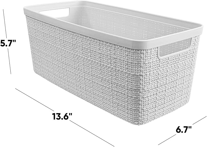 Curver Jute Decorative Plastic Organization and Storage Basket Perfect Bins for Home Office, Closet Shelves, Kitchen Pantry and All Bedroom Essentials, Slim, White, Set of 8-Ruum Studio Home