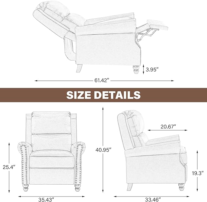 UIXE Pushback Recliner Chairs Set of 2, PU Leather Armchair Push Back Accent Chair, Rivet Trim Club Chair Home Theater Overstuffed Single Sofa Reading Seat for Living Room, Black-Ruum Studio Home