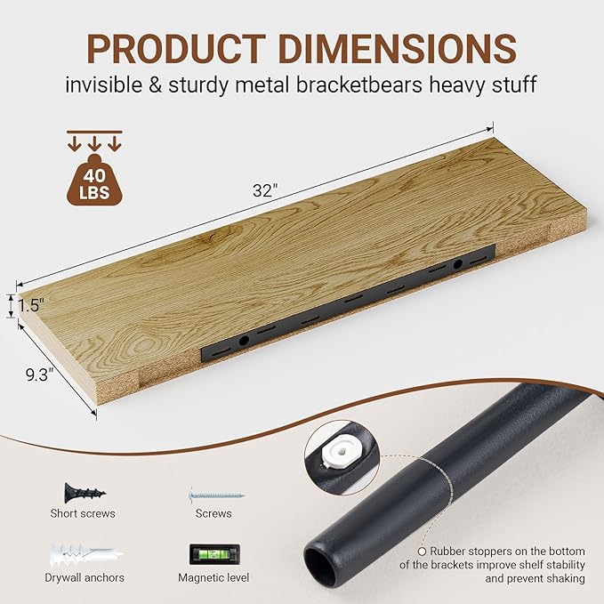 Heimlove 32 Inch Floating Shelves for Wall,Oak 9.3" Deep Floating Shelf Set of 2,Wall Mounted Shelves for Bathroom Bedroom Living Room Kitchen Office,Shelf for Books Storage Room,Home Decor-Ruum Studio Home