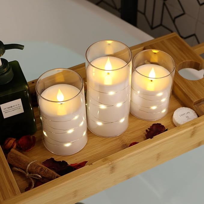 NURADA Flickering Flameless Candles: Built-in Star String Lights Acrylic 3D Wick Battery Operated LED Pillar Candles with Remote and Timer for Romantic Mood Home Decoration - 3 Pack Pure White-Ruum Studio Home