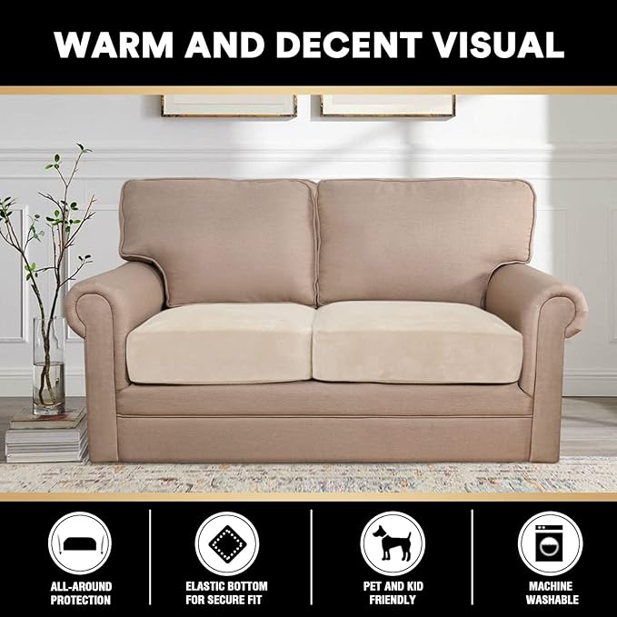 PrinceDeco Velvet Couch Cushion Cover Soft Stretch Cushion Slipcover for Chair Loveseat Sofa Cushion Furniture Protector Seat Cushion Sofa Cover (2 Piece Large Sofa Cushion Covers, Ivory)-Ruum Studio Home