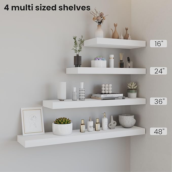 Floating Wood Shelves for Wall 24 Inches x 8”x 1.4” Shelf Floating Home Decor, Heavy Duty Shelf Hold 60 lbs, Wall Shelves for Bathroom Living Room Kitchen Bedroom Office - Set of 2 White-Ruum Studio Home