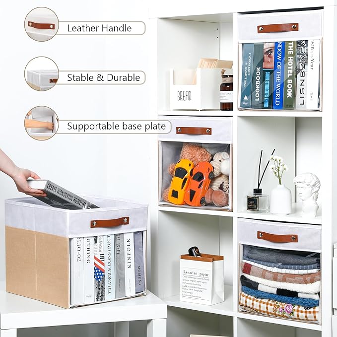 HNZIGE Fabirc Storage Cube Bins 13x13x15 Storage Cube Bins, 4 Pack Foldable Decorative Clear Cube Storage Bins for Cube Organizer Canvas Cubby Storage Organizer Bins for Shelves Pantry- White Beige-Ruum Studio Home