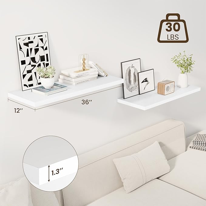 36" Floating Shelves for Wall, 12" Deep Slim White Floating Shelves, Wall-Mounted Shelves for Bedroom, Living Room, Kitchen, Bathroom - Set of 2-Ruum Studio Home