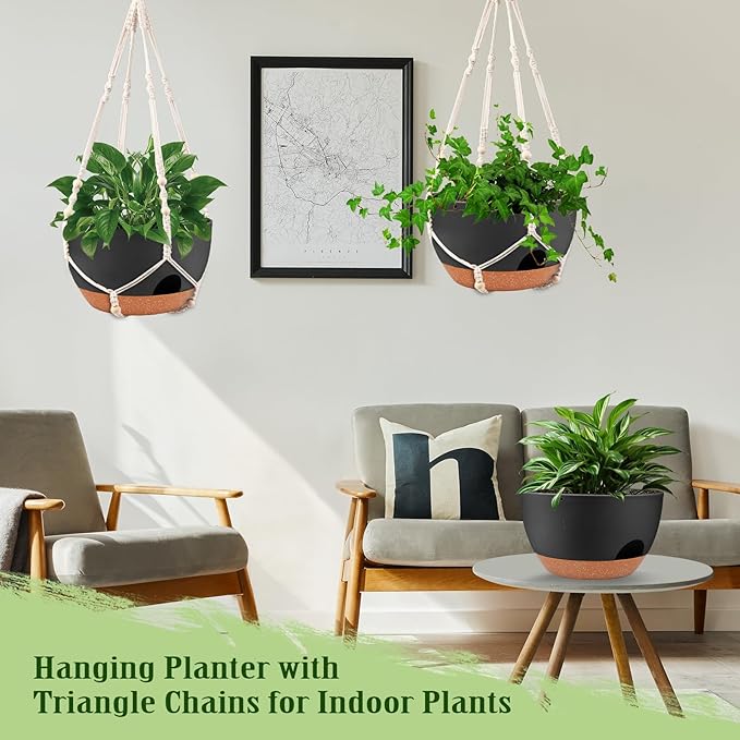 Hanging Planters for Outdoor Indoor Plants, 2 Pack 12 Inch Hanging Basket Plants Outdoor, Self Watering Hanging Planter with Plant Hanger for Garden Home Decoration (2 Type Plant Hangers Black)-Ruum Studio Home