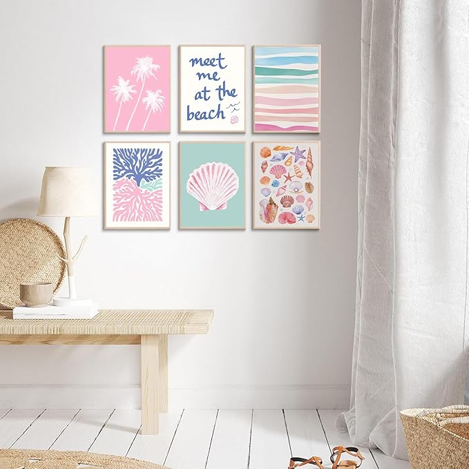 6 Pcs Coastal Beachy Wall Art Tropical Summer Shell Ocean Paintings Prints Posters Trendy Pink Preppy Palm Tree Canvas Wall Decor Aesthetic for Bedroom Living Room Dorm Apartment 8x10inch Unframed-Ruum Studio Home