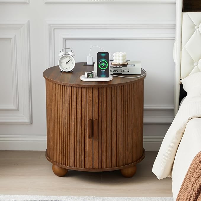 AVZEAR 24" Large Round End Table with Charging Station, Farmhouse Fluted Sofa Side Table with Sliding Tambour Door & Storage, Mid-Century Wood Nightstand for Living Room, Bedroom, Walnut-Ruum Studio Home
