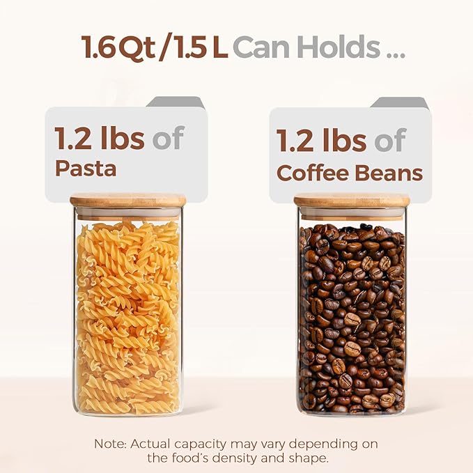ComSaf Airtight Glass Storage Canister with Wood Lid (1.6 Qt), Clear Food Storage Container Jar with Sealing Lids for Oat Pasta Flour Cereal Rice Sugar Tea Coffee Beans, Set of 3 Square Cookie Jar-Ruum Studio Home