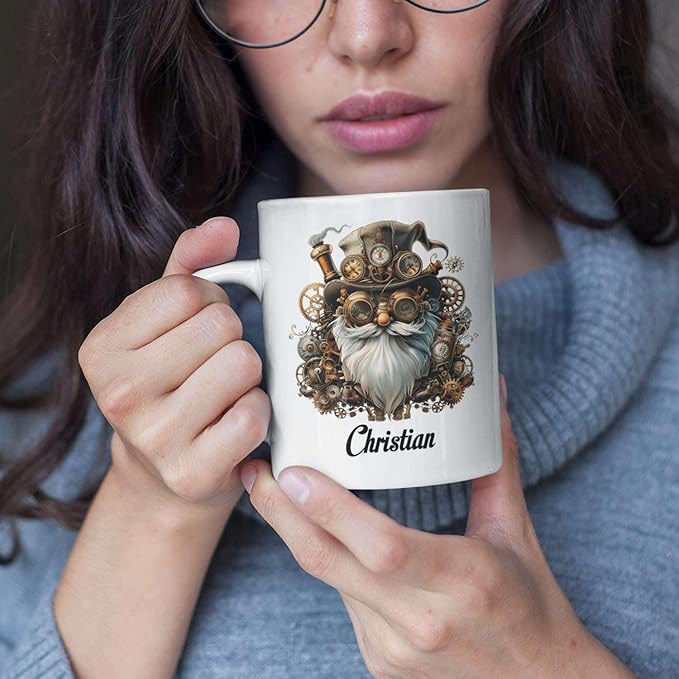 Custom Mechanical Art Mug 15oz, Personalized Steampunk Gnome Coffee Mug, Customized Name Ceramic Cup, Fantasy Enthusiasts Mug, Gnome White Mug With Steampunk Themed, Gift For Men-Ruum Studio Home