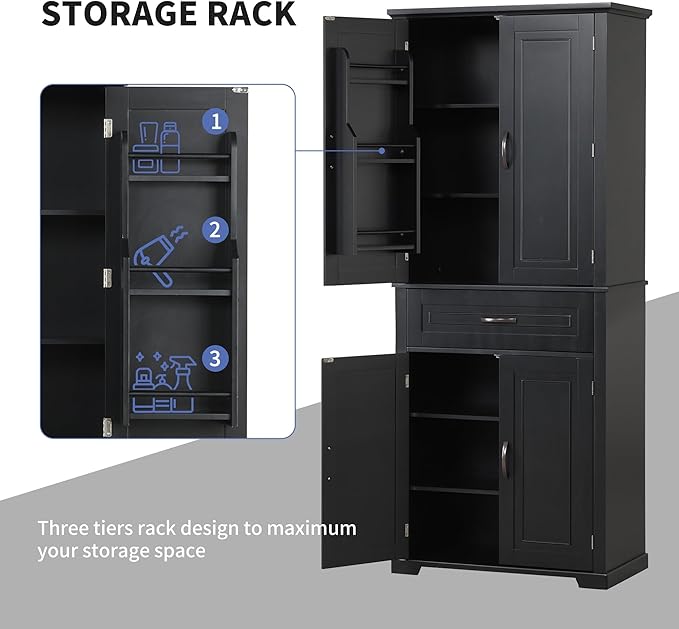 72.2" Tall Storage Cabinet with 4 Doors and Drawer, Freestanding Linen Cabinet, Wooden Pantry with Adjustable Shelf for Kitchen, Bathroom, Living Room Black-Ruum Studio Home