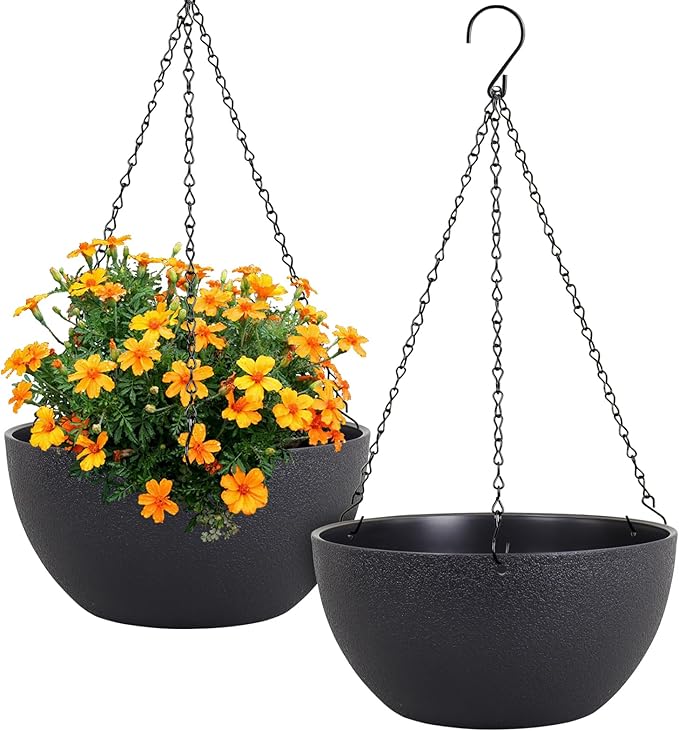 12 inch Large Hanging Planters for Indoor Outdoor Plants, 2 Pack Hanging Flower Pots with Drainage Holes and Chain for Garden Porch Plants, Plastic Hanging Baskets for House Plants, Black-Ruum Studio Home