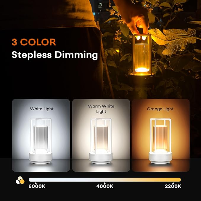Portable Metal Table Lamp for Indoor/Outdoor ,Rechargeable Cordless LED Lamp, 3-Colour Infinitely Dimming Battery Powered Small Desk Lamp, Restaurant/Bedroom/Bar/Coffee Shop/Camping Light (White)-Ruum Studio Home