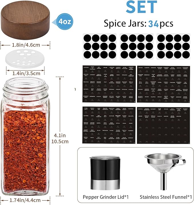 Yangbaga 34Pcs Glass Spice Jars with Labels-4oz Acacia Wood Lid Square Spice Containers with Pepper Grinder Lids &Funnel,Seasoning Jars for Rack Cabinet Drawer-Ruum Studio Home