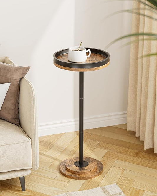 Masupu Drink Table, Round Side Table for Small Spaces, Pedestal Small End Table with Metal Base, for Living Room, Bedroom, Bathroom, Rustic Brown+Black(Lip)-Ruum Studio Home