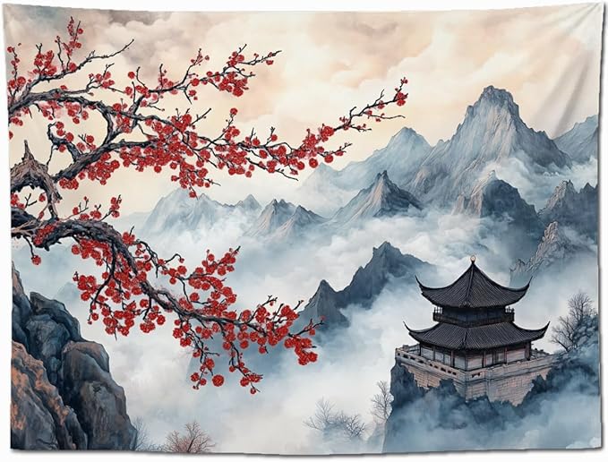 keowhsf Japanese Tapestry Aesthetic Wall Decor – Watercolor Ink Landscape with Red Plum Blossoms and Misty Mountains, Asian Art Hanging for Bedroom, Living Room, Dorm-Ruum Studio Home