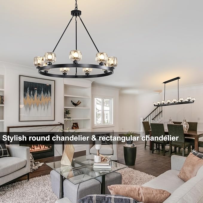Black Wagon Wheel Chandelier, 36 Inch Black Chandeliers with Unique Glass Shade, 9-Light Crystal Farmhouse Wagon Wheel Chandeliers for Dining Room, Round Chandelier for Living Room, Foyer, Entryway-Ruum Studio Home