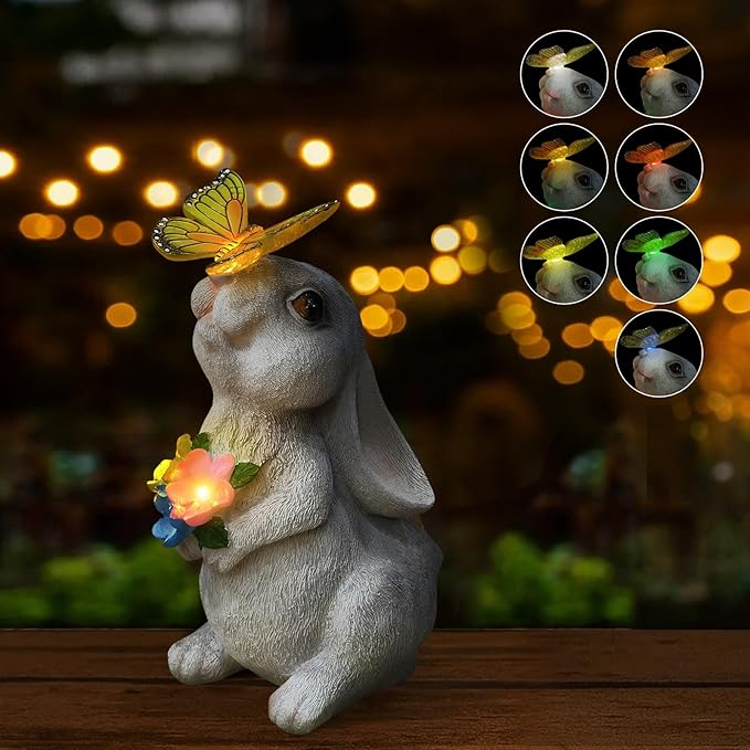 Solar Bunny Statues Light for Garden - Color-Changing Rainbow LED Butterfly,Rabbit Figurine Decor Auto On/Off,Easter Gifts for Yard Balcony & Patio Ornaments (Colorful Light)-Ruum Studio Home