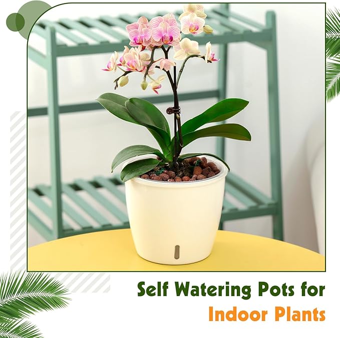 Self Watering Pots for Indoor Plants, 6-Pack 6.7'' Self Watering Planter with Drainage Holes, Small African Violet Pots with Water Indicator, Clear Wick Orchid Pot, White-Ruum Studio Home