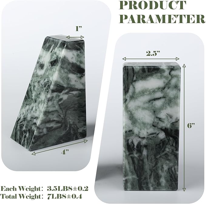 Marble Bookends for Heavy Books, Decorative Bookends for Shelves, Green Stone Book Ends, Heavy-Duty Book Ends for Hardback Book & Cookbooks, Unique Book Stopper & Holder, Set of 2-Ruum Studio Home