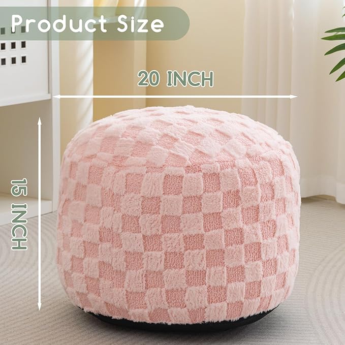HIGOGOGO Round Stuffed Pouf Ottoman, Plaid Poufs with Foam Chunk Filling, Fluffy and Furry Pouf Foot Stool Storage Ottoman, 20 X 15 Floor Poufs Foot Rest for Living Room, Pink-Ruum Studio Home