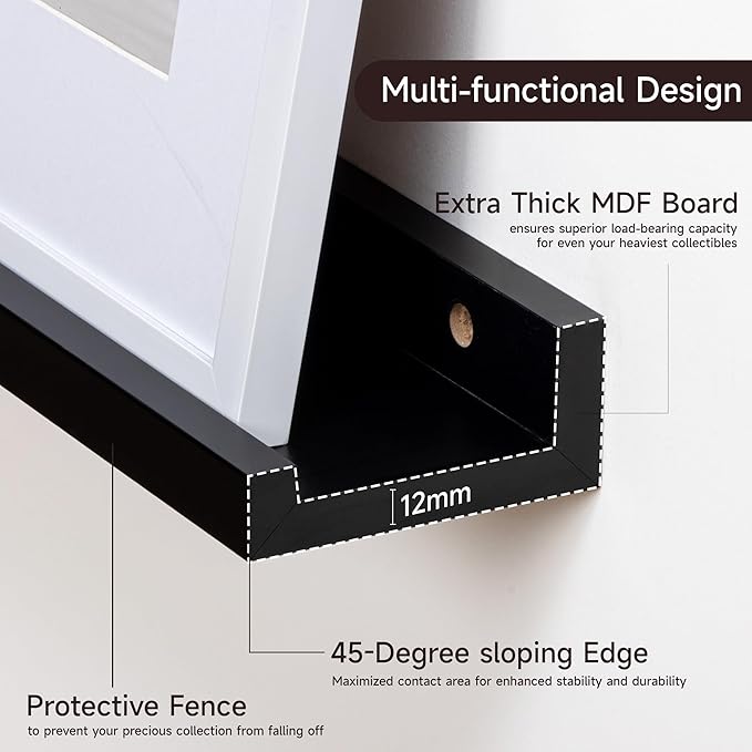 Floating Picture Ledge Shelves for Wall Set of 2, 84 Inches Picture Ledge Shelf with Long Large Nursery Book Shelf for Toys Storage Kids Bookshelf Wall Mounted Living Room Bedroom Decor Frames, Black-Ruum Studio Home