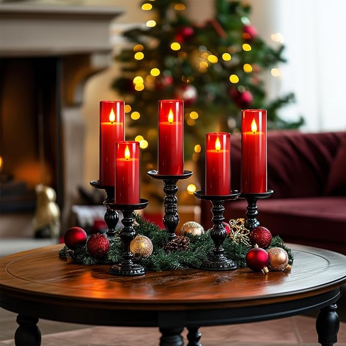 Amagic Christmas Red Flameless Candles, Battery Operated Candles with Remote and Timer, Acrylic Flickering LED Candles for Thanksgiving Decor, D2.2''xH5''6" 7", Set of 9-Ruum Studio Home