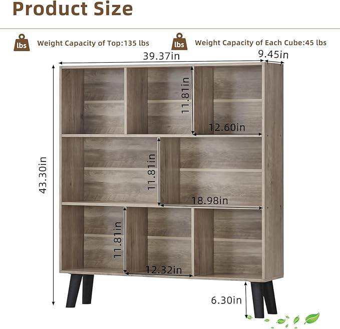 LEYAOYAO 8 Cube Bookshelf,3 Tier Bookcase with Legs,Modern Grey Mid-Century Bookshelves,Large Farmhouse Open Storage Organizer Shelf, Retro Wooden Display Book Case for Bedroom,Living Room,Office-Ruum Studio Home
