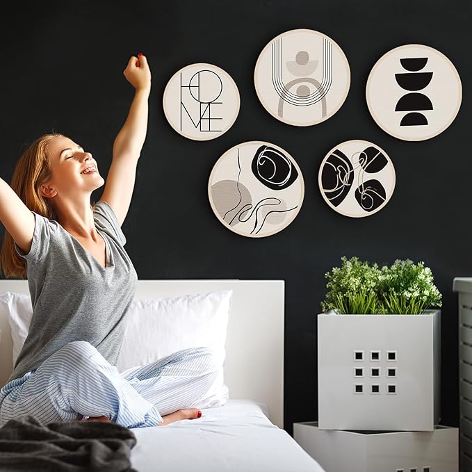 Qunclay 5 Pcs Wall Art Decor Wooden Living Room Wall Decor Bohemian Hanging Farmhouse Geometric 10'' and 8'' Aesthetic Wood Minimalist Posters for Bedroom(Classic)-Ruum Studio Home