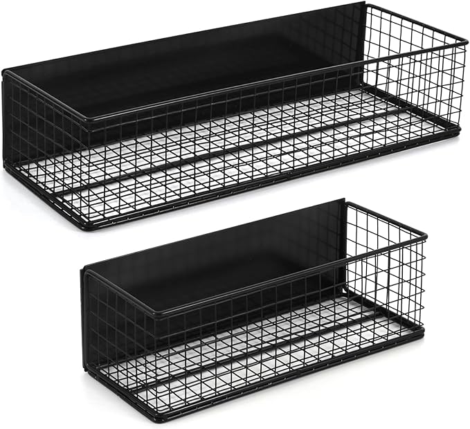 Magnetic Basket, Magnetic Shelf for Fridge,Magnetic Spice Rack Wire Mesh Magnetic Organizer Holder Accessories for Office Kitchen Classroom Storage, Black-High, Large x1&Small x1 Set of 2-Ruum Studio Home
