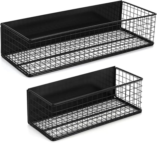 Magnetic Basket, Magnetic Shelf for Fridge,Magnetic Spice Rack Wire Mesh Magnetic Organizer Holder Accessories for Office Kitchen Classroom Storage, Black-High, Large x1&Small x1 Set of 2-Ruum Studio Home