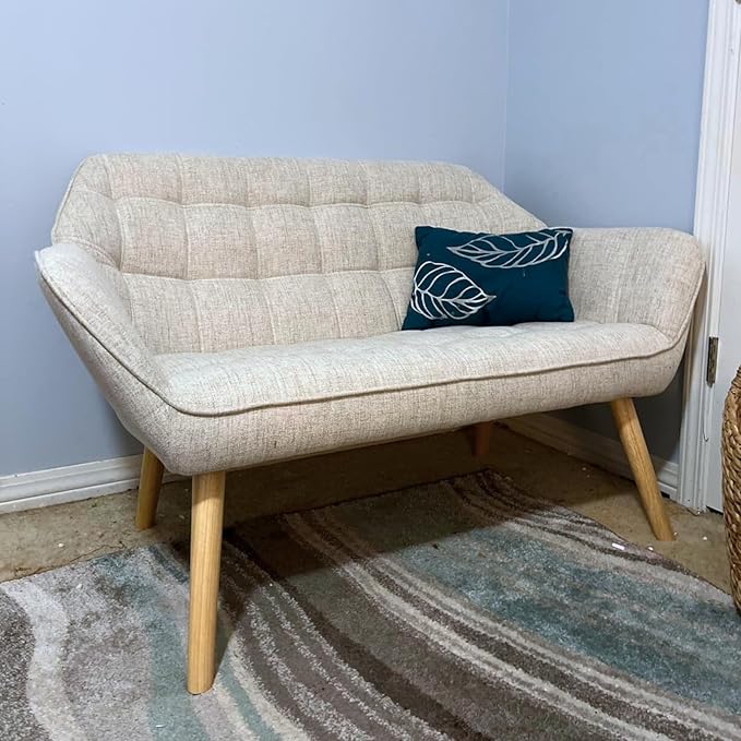 48”Small Loveseat Sofa, Modern Linen Upholstered Mini Couch 2-Seater Fluffy Love Seat with Quilting Backs and Wood Legs for Small Space Living Room, Bedroom, Beige-Ruum Studio Home