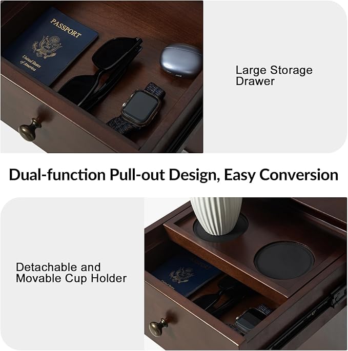 HULALA HOME End Table with Drawer and Charging Station, Modern End Table with USB Ports and Outlets, Wooden Side Table with Storage-Walnut-Ruum Studio Home