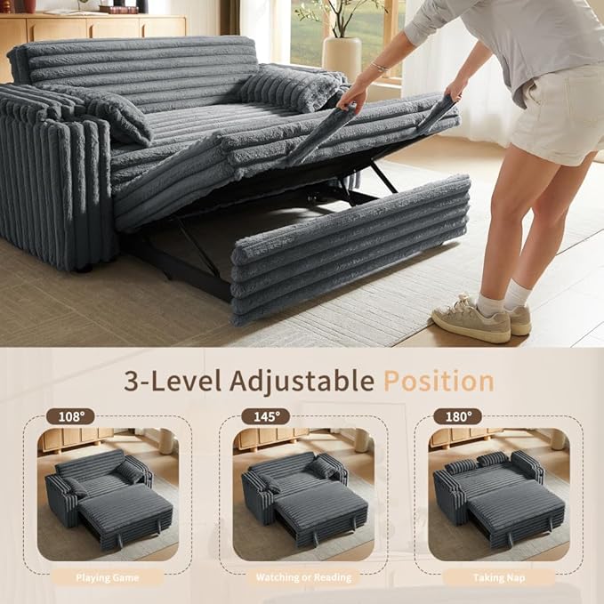 68.11" Corduroy Convertible Sofa Bed with USB Charging Port, Foldable Sleeper Chair with Pillows & Armrests, 3-in-1 Floor Couch for Living Room, Bedroom, Guest Room – Dark Gray-Ruum Studio Home