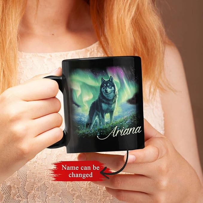 Personalized Husky With Northern Lights Coffee Mug, Custom Name Black Cup 11oz 15oz, Customized Cute Husky Dog Ceramic Mug, Gift For Animal Lovers, Beautiful Landscape Keepsake Cup-Ruum Studio Home