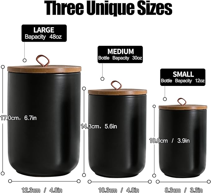 Black Ceramic Canister Set with Wooden Lid, 3-Piece Food Storage Jars for Kitchen Counter, Storage Container for Coffee, Tea, Spice, Sugar, Grains, Salt-Ruum Studio Home