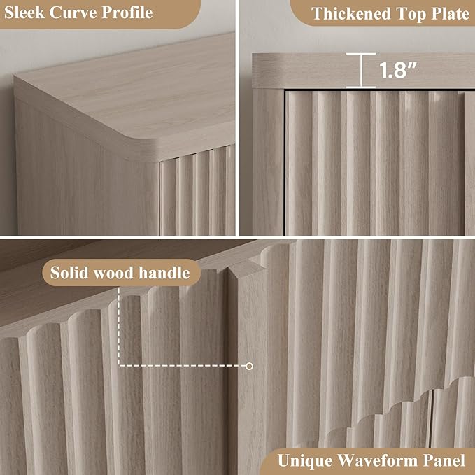 Buffet Cabinet with Storage, 60" Fluted Coffee Bar Cabinet with 4 Drawers & 2 Doors, Solid Wood Handle, Credenza Accent Storage Cabinet for Kitchen Living Dining Room, Natural Oak(1PCS)-Ruum Studio Home