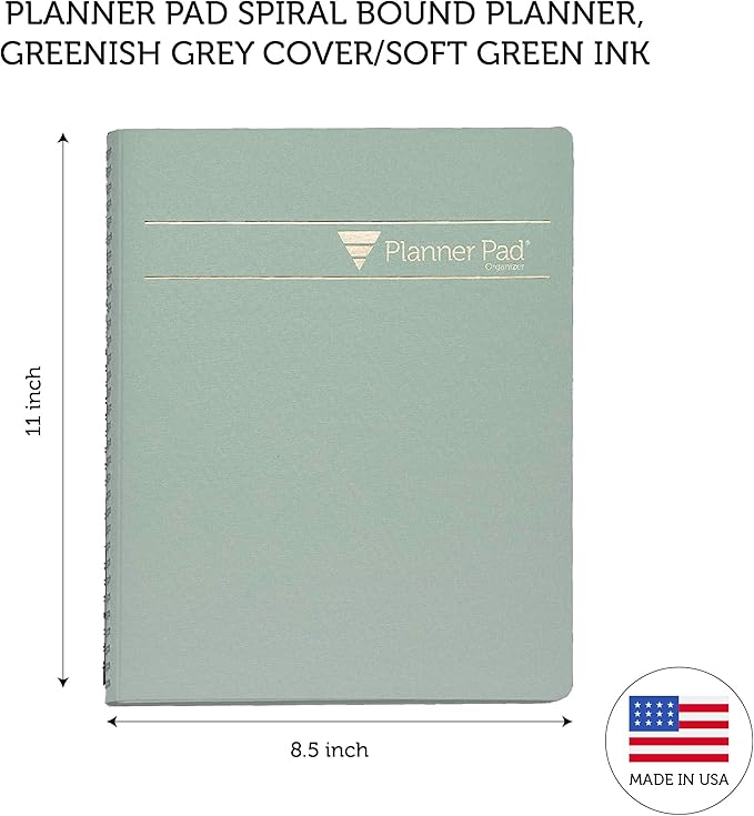 Planner Pad Spiral Bound January-December 2025/ Calendar Year 8 1/2" x 11" Large 3-Tier Funnel Down 12 Month Organizer, Greenish Grey Cover/Soft Green Ink-Ruum Studio Home