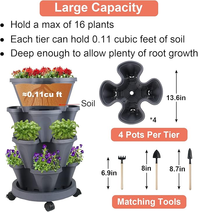 Vertical Planter 4 Tier Stackable Planters Garden Planters Strawberry Herb Flower and Vegetable Planter Indoor Outdoor Gardening Pots with Removable Wheels and Tools-Ruum Studio Home