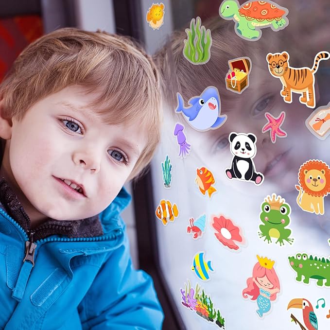 Window Clings Stickers for Kids Window Gel Clings Decals Thick Gel Clings Toddlers and Adults Classroom Home Nursery Airplane Birthday Party Supplies (Jungle Animals + Sea Animals)-Ruum Studio Home