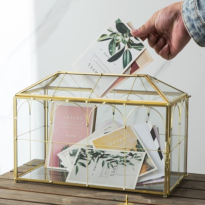 Glass Wedding Card Box with Slot, 12.6 inch Large Clear Card Box Gold Brass Gift Card Storage Box with Lock for Wedding Receptions, Baby Shower, Birthday Party, Bridal Shower-Ruum Studio Home