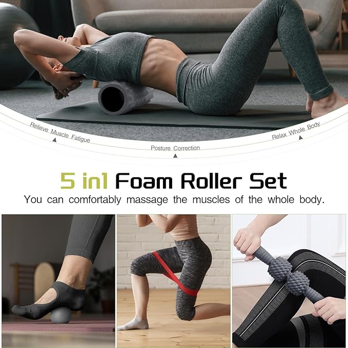 5-in-1 Foam Roller Set, Massage Roller Stick, Massage Ball, Resistance Band for Deep Muscle Massage, Trigger Point Release, Pilates, Yoga (Grey)-Ruum Studio Home