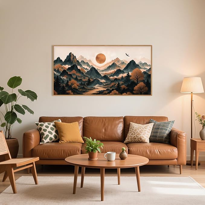 Large Boho Mountain Framed Canvas Wall Art Set, Brown Ridge Landscape Wall Decor, Pine Tree Scenery Wall Painting, Abstract Wilderness Art Print for Living Room, Bedroom, Office - 20X40-Ruum Studio Home