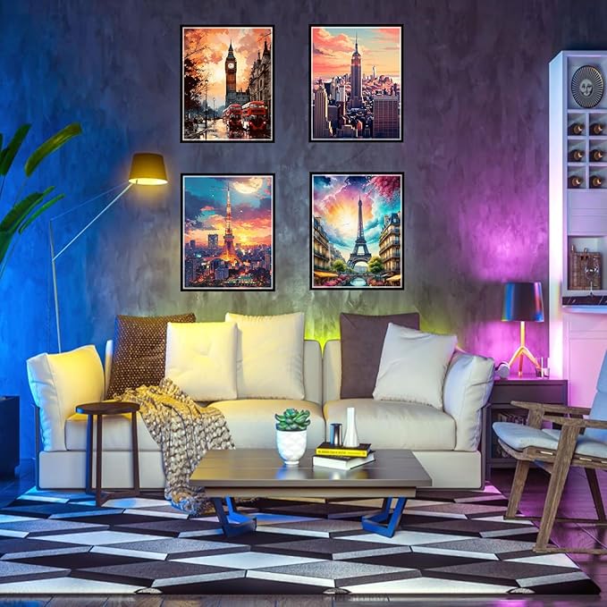 Boho Wall Art Decor, London, Tower of Pisa, Paris, Eiffel Tower,Roman Colosseum,City Wall Decor Art ,Modern Landscape Wall Art for Living Room Bedroom Prints Poster ,8x10 Inch Set of 4,Unframed-Ruum Studio Home