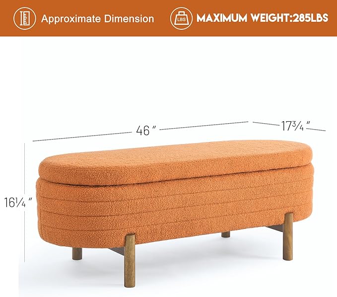 Furniliving 46” Storage Benches, End of Bed Bench with Button-Tufted Large Upholstered Storage Ottoman Teddy Window Bench with Storage Shoe Cabinet Bench, for Bedroom, Entryway, Closet, Orange-Ruum Studio Home
