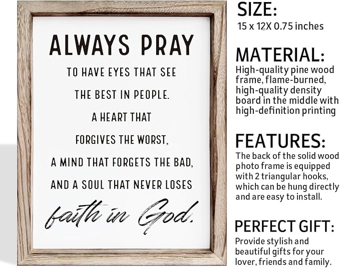 Christian Wall Signs, Inspirational Wood Sign, Farmhouse Home Decor, Bedroom Decoration, Church Room Decor Art, Framed Wall Plaque Sign 15 * 11.5 inches, Always Pray to Have Eyes-Ruum Studio Home